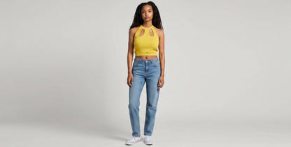 Yellow ribbed KRE PRIME women's crop top with a halter neckline and cutout detail, showcasing sophisticated style.