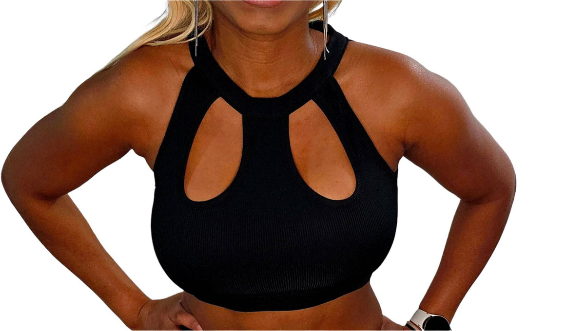 KRE PRIME women’s sophisticated ribbed crop top with fitted design, showcasing its textured fabric and stylish neckline.