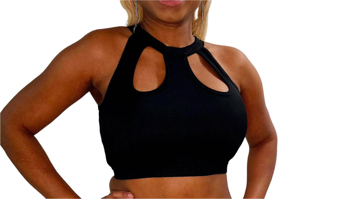 KRE PRIME women's sophisticated ribbed crop top, fitted design with long sleeves and high neckline, in black fabric.