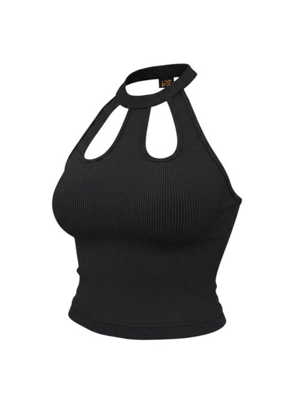 Black ribbed crop top by KRE PRIME with a sophisticated cutout neckline, perfect for stylish women’s casual or evening wear.
