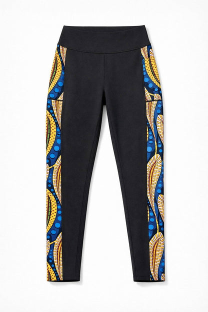KRE PRIME women's activewear leggings with peacock feather print in black, yellow, and blue, designed for comfortable movement.