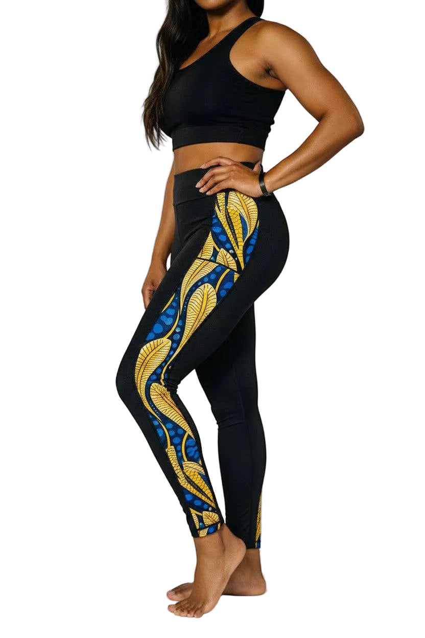 KRE PRIME women's activewear leggings with peacock feather design in black, yellow, and blue, perfect for workout or casual wear.