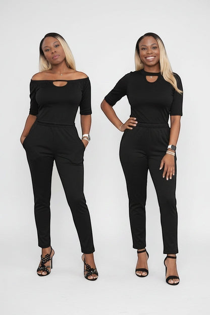 KRE Prime Women’s black dual-top convertible jumpsuit with two interchangeable tops, one off-the-shoulder and one with a keyhole neckline.