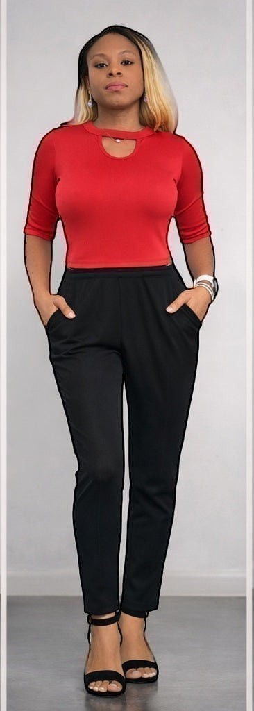 KRE Prime Women’s black stretch pants and red convertible jumpsuit top with keyhole neckline. 3-piece set.
