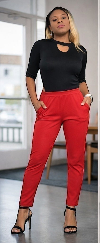 KRE Prime Women's black top with cutout neckline and red stretch pants with pockets. Convertible jumpsuit.