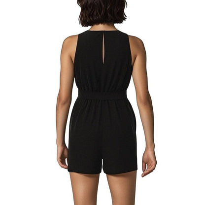 KRE PRIME women's sleeveless black printed romper with V-neck, belt, and pockets, perfect for casual summer wear.
