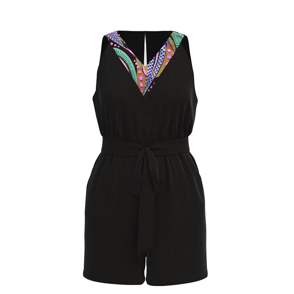 KRE PRIME women's black sleeveless printed V-neck romper with belt and pockets, casual summer jumpsuit.