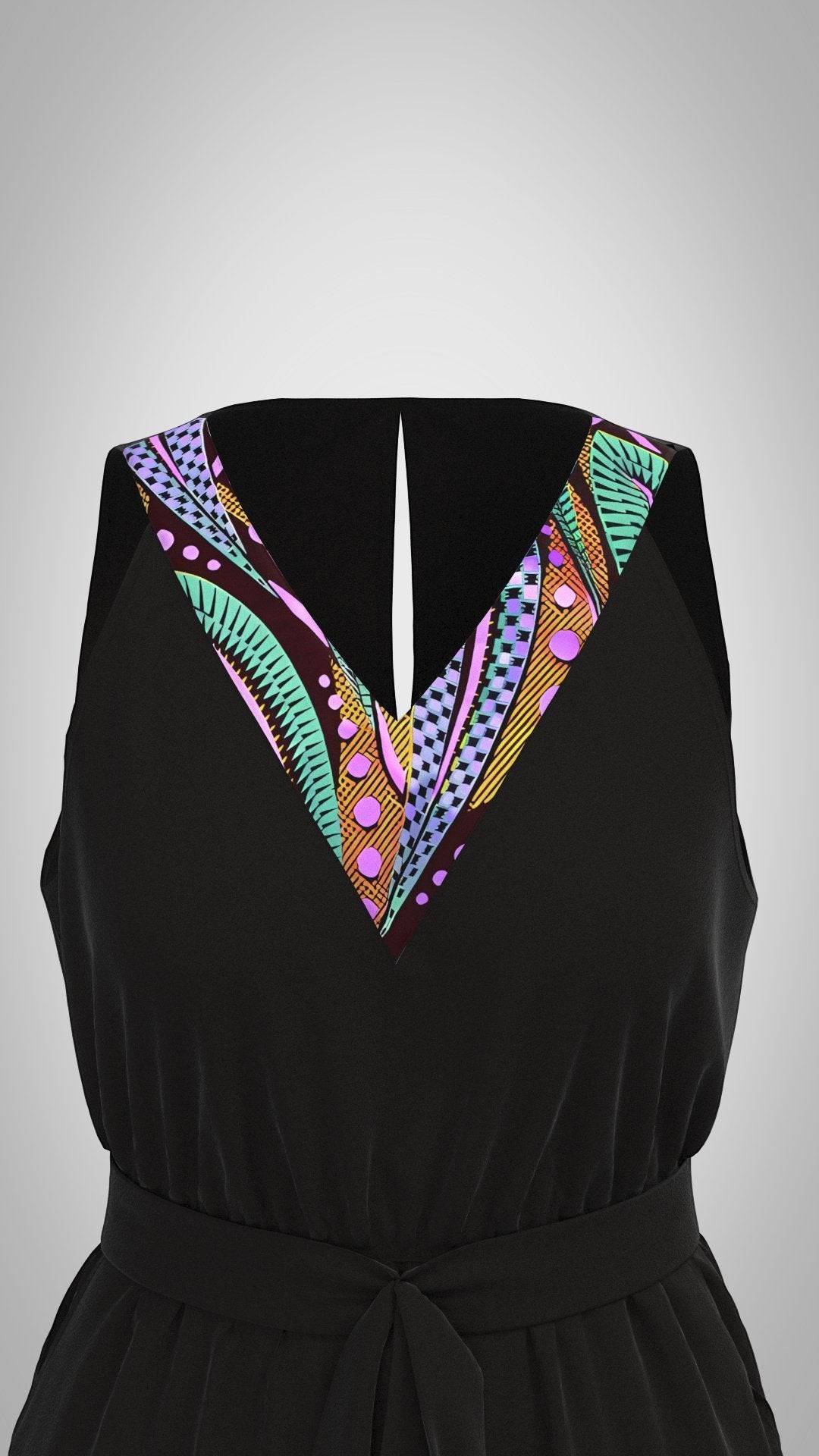 KRE PRIME women's sleeveless black printed romper with V-neck, belted waist, and side pockets, perfect for casual summer wear.