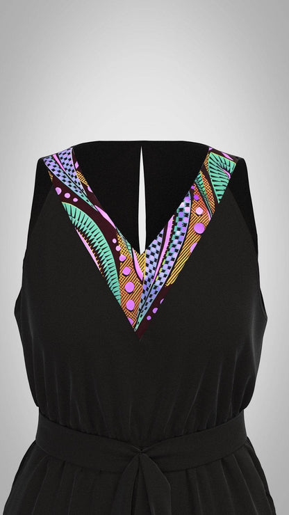 KRE PRIME women's sleeveless black printed romper with V-neck, belted waist, and side pockets, perfect for casual summer wear.