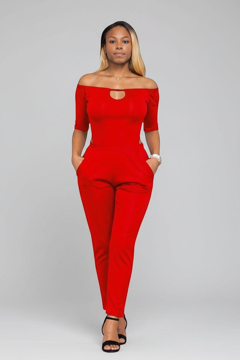 KRE Prime Women's red convertible jumpsuit with off-the-shoulder neckline and pockets. Made of polyester and spandex.