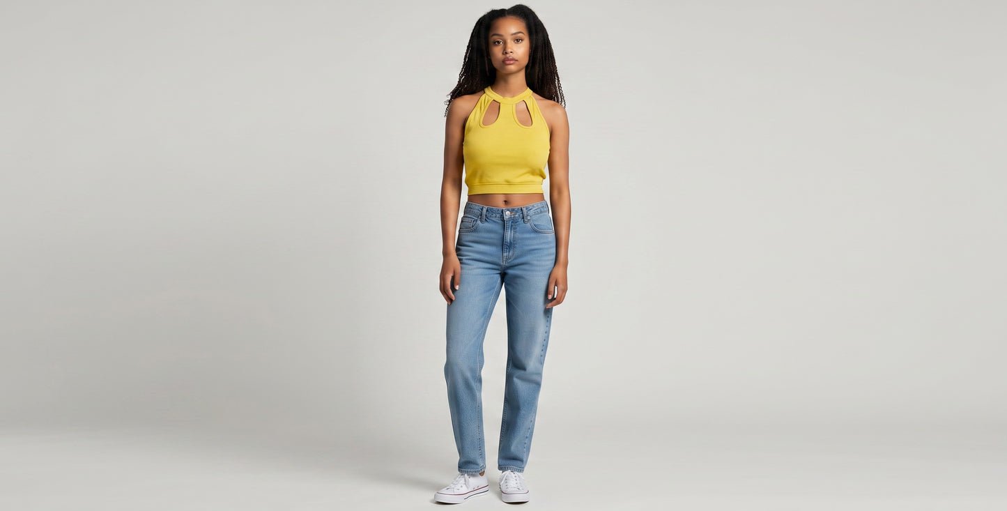 KRE PRIME yellow ribbed crop top with cut-out neckline and halter straps. Made from polyester and elastane.
