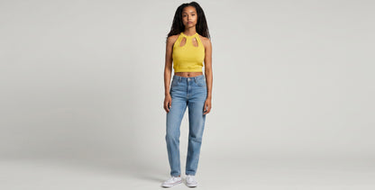 KRE PRIME yellow ribbed crop top with cut-out neckline and halter straps. Made from polyester and elastane.