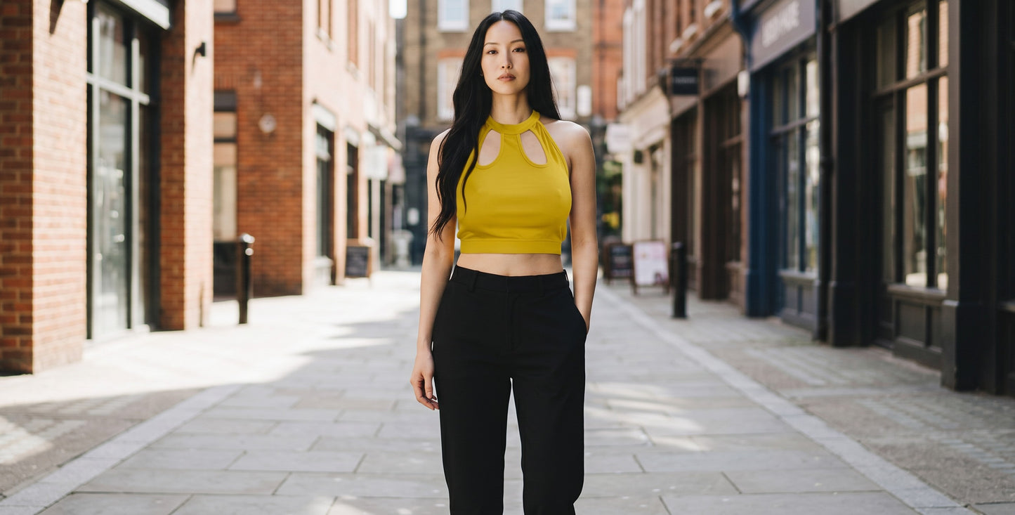 KRE PRIME yellow ribbed crop top with cut-out neckline and halter strap. Made from polyester and elastane.