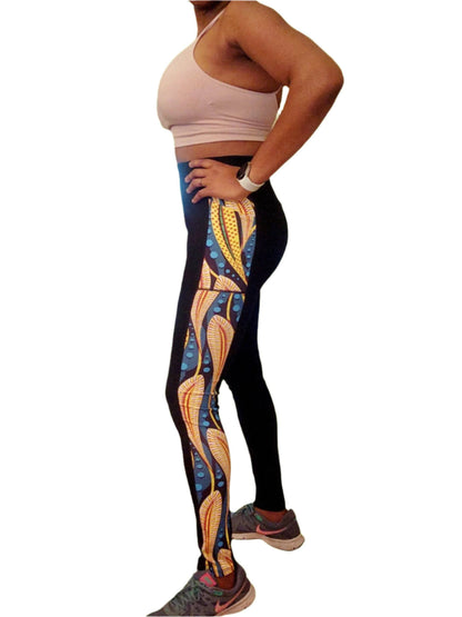 KRE Prime Design Leggings with Pockets and Peacock black, women wearing the legging and posting with a white background