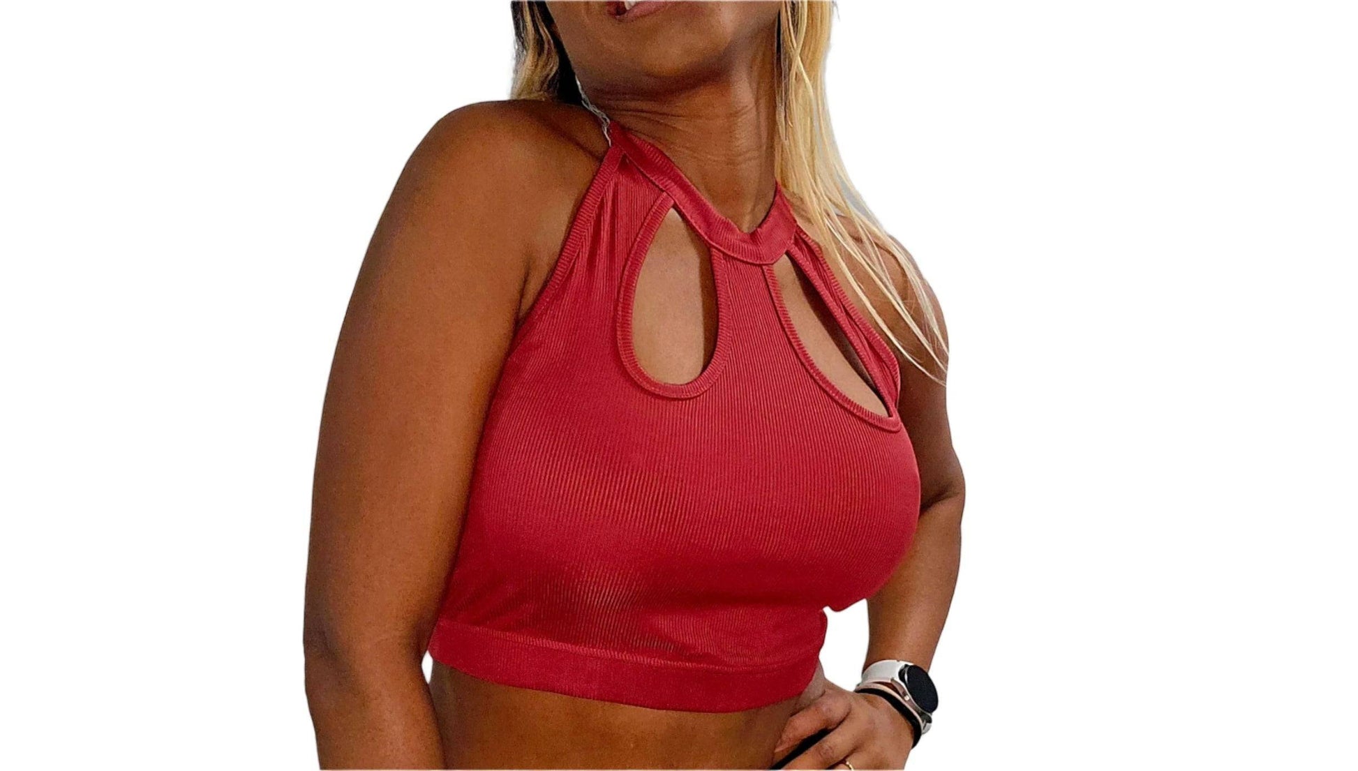 KRE PRIME Women’s sophisticated ribbed crop top, close-up view showing fitted design and ribbed texture in black fabric.