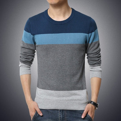 Casual Men's Sweater O-Neck Striped Slim Fit Knittwear 2023 Autumn Mens Sweaters Pullovers Pullover Men Pull Homme M-4XL - KRE Prime Deals