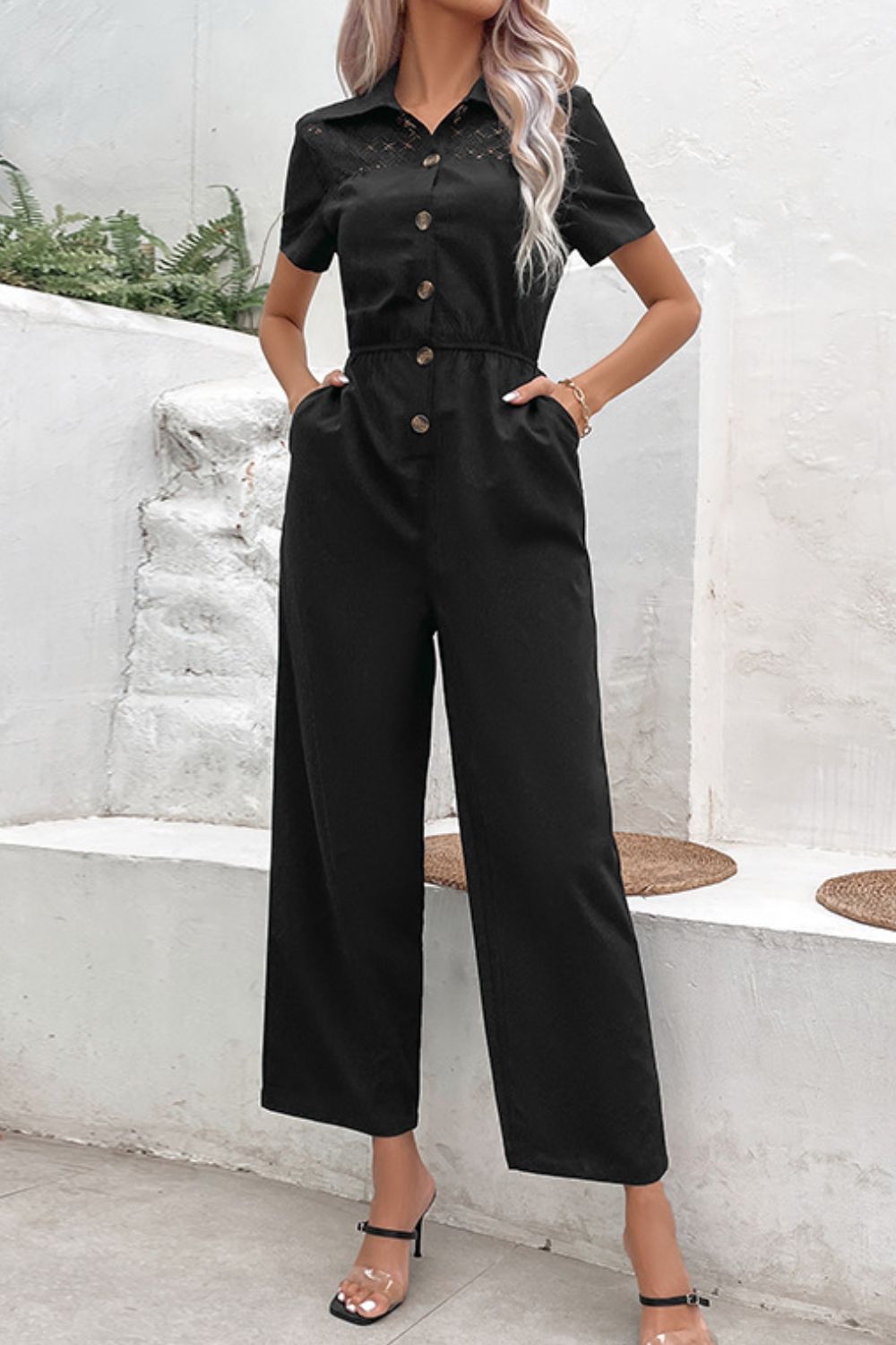 Collared Neck Short Sleeve Jumpsuit - KRE Prime Deals