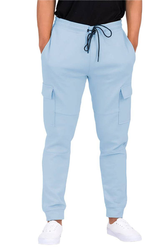KRE Prime men's cotton blend cargo joggers, casual jogger pants with multiple pockets and a relaxed fit, in a neutral color.