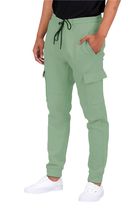 KRE Prime men's cotton blend cargo joggers showing relaxed fit, multiple pockets, and tapered leg design.