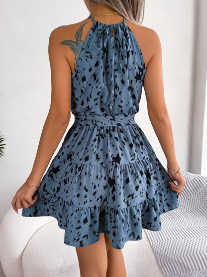 Halter Neck Printed Tie Waist Sleeveless Mini Dress - KRE Prime Deals