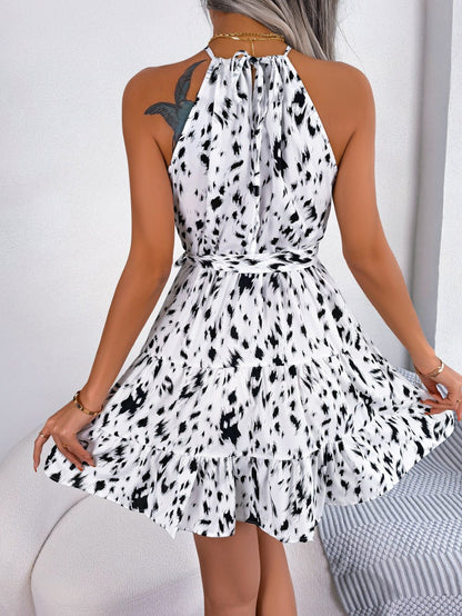 Halter Neck Printed Tie Waist Sleeveless Mini Dress - KRE Prime Deals