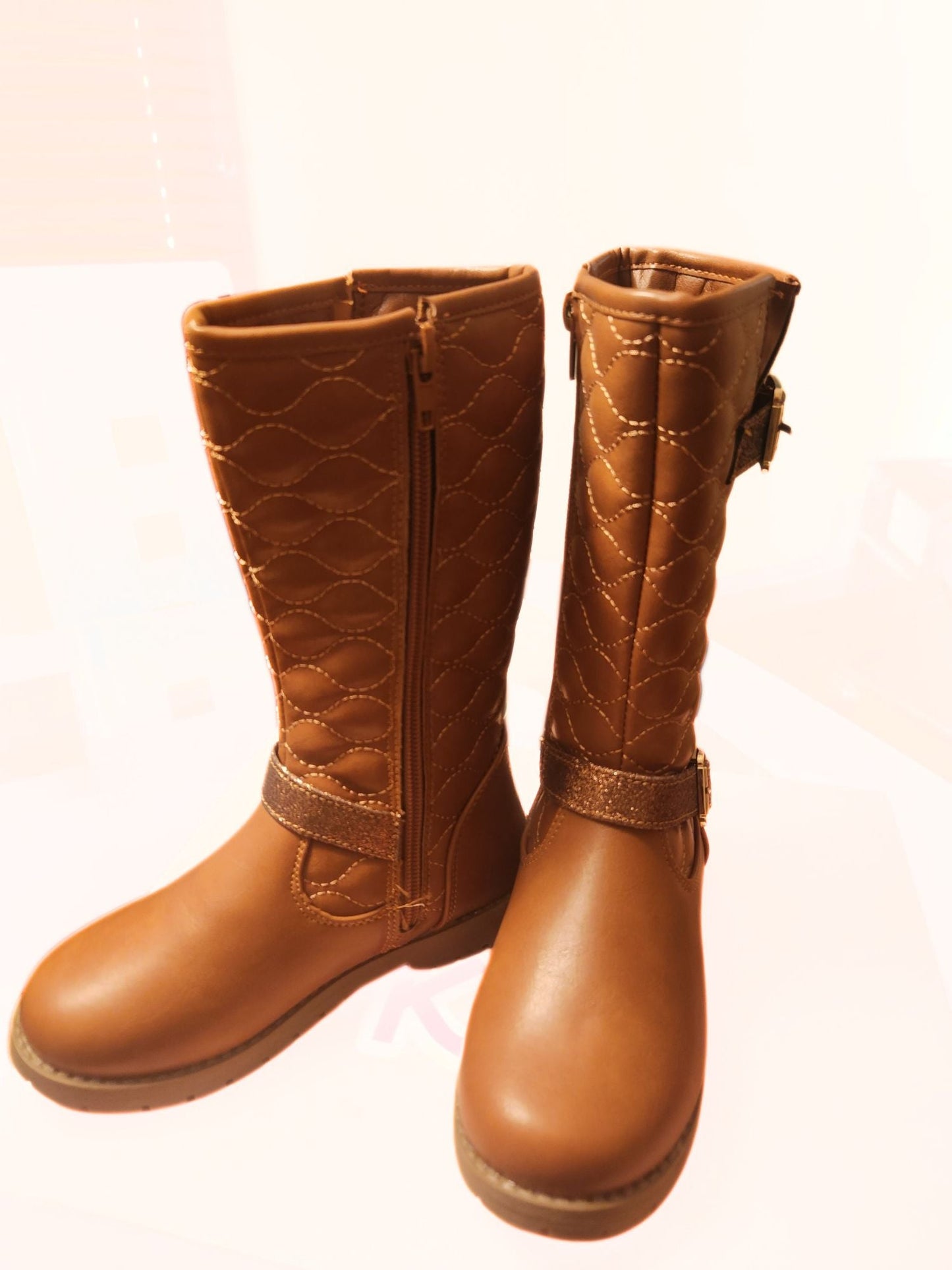 KRE Prime Girls Quilted Design Knee High Riding Boots with Glitter Straps for Kids: Rust - KRE Prime