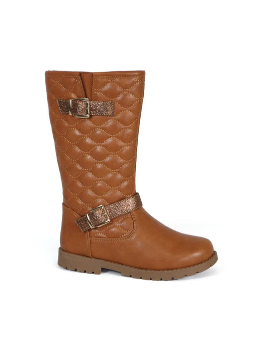 KRE Prime Girls Quilted Design Knee High Riding Boots with Glitter Straps for Kids: Rust - KRE Prime