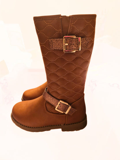 KRE Prime Girls Quilted Design Knee High Riding Boots with Glitter Straps for Kids: Rust - KRE Prime