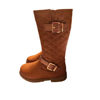 KRE Prime Girls Quilted Design Knee High Riding Boots with Glitter Straps for Kids: Rust - KRE Prime