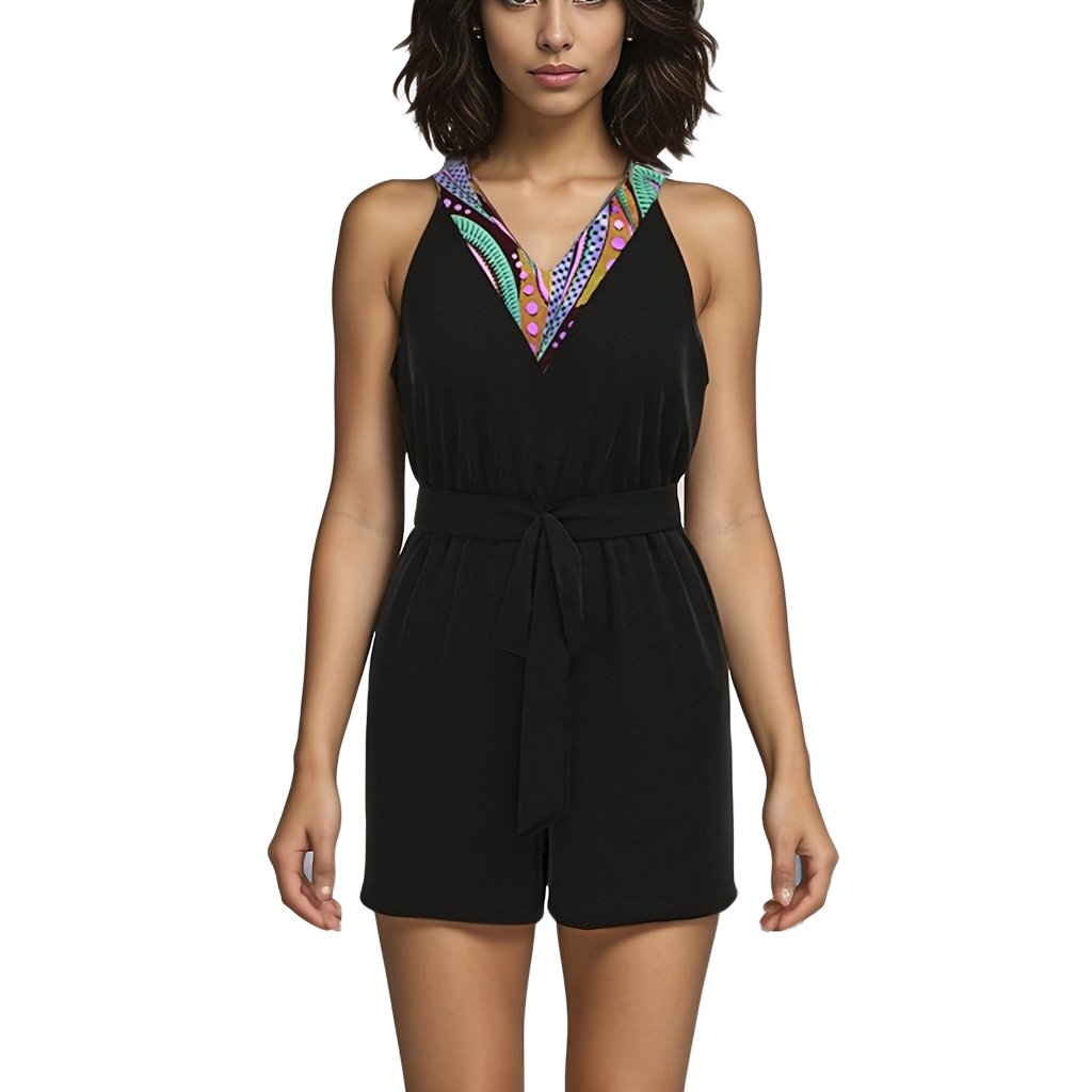KRE Prime Ladies Printed Belted V-Neck Sleeveless Romper Style with Pockets - KRE Prime