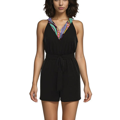KRE Prime Ladies Printed Belted V-Neck Sleeveless Romper Style with Pockets - KRE Prime