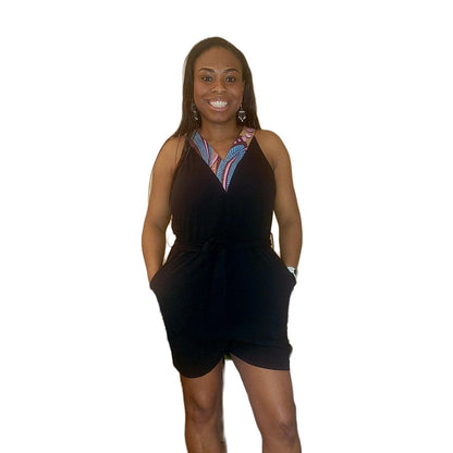 KRE Prime Ladies Printed Belted V-Neck Sleeveless Romper Style with Pockets - KRE Prime