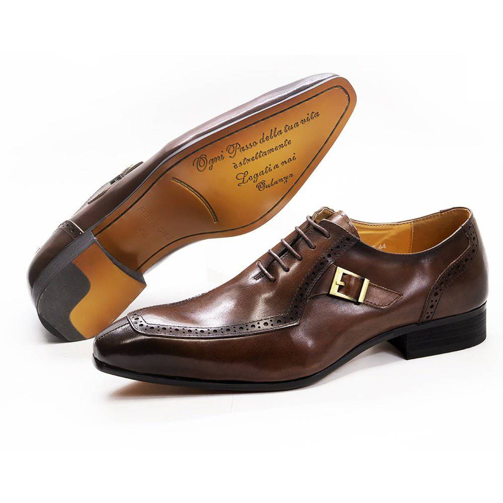 KRE PRIME men's luxury leather Oxford dress shoes in brown and black with lace-up design and pointed toe for formal occasions