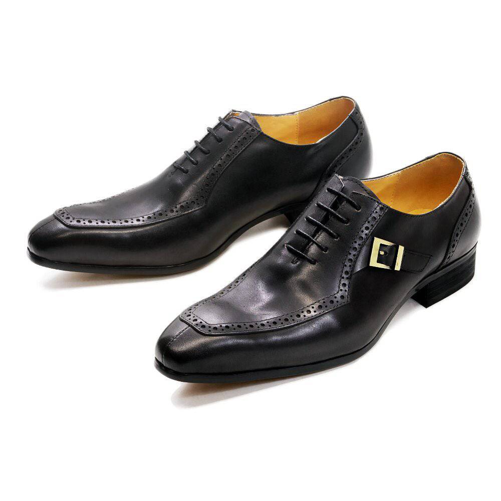 KRE PRIME men's luxury leather Oxford dress shoes in brown and black with pointed toe and lace-up design for formal occasions
