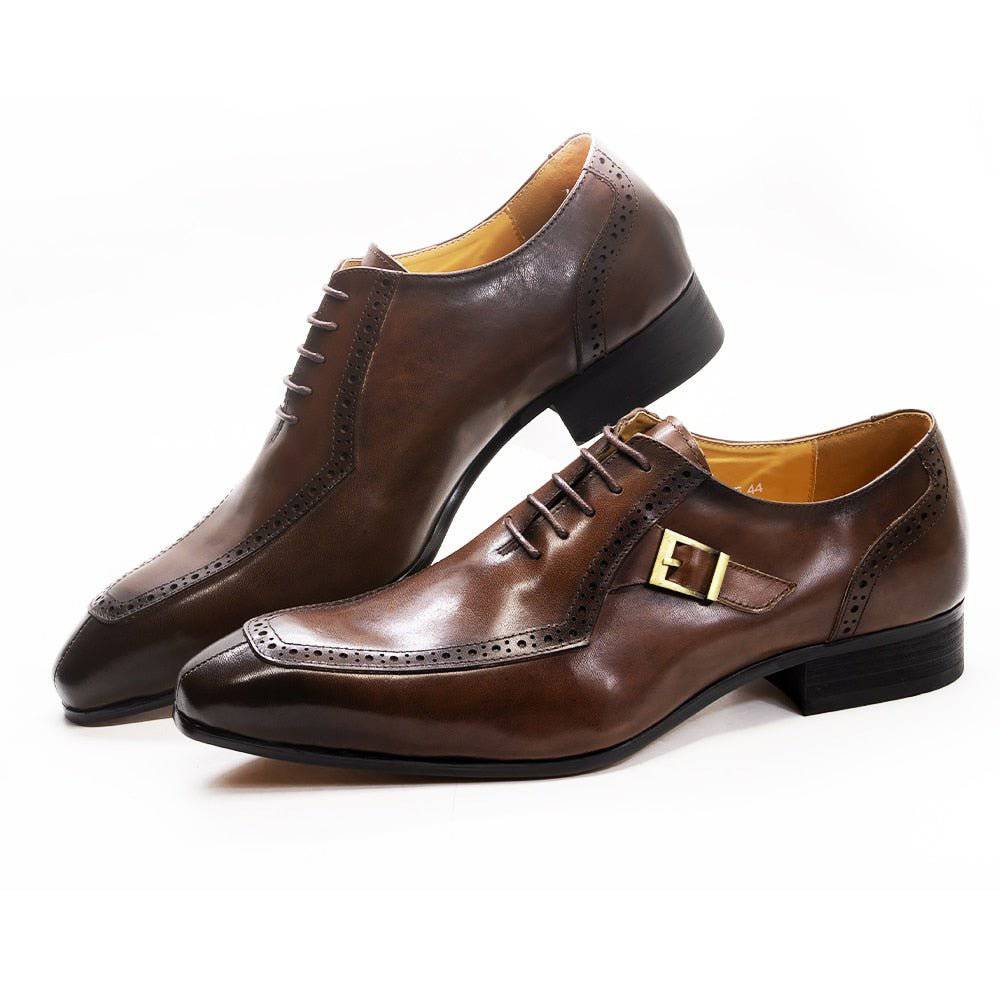 KRE Prime men's luxury leather Oxford dress shoes in brown and black with pointed toes and lace-up design for formal occasions.