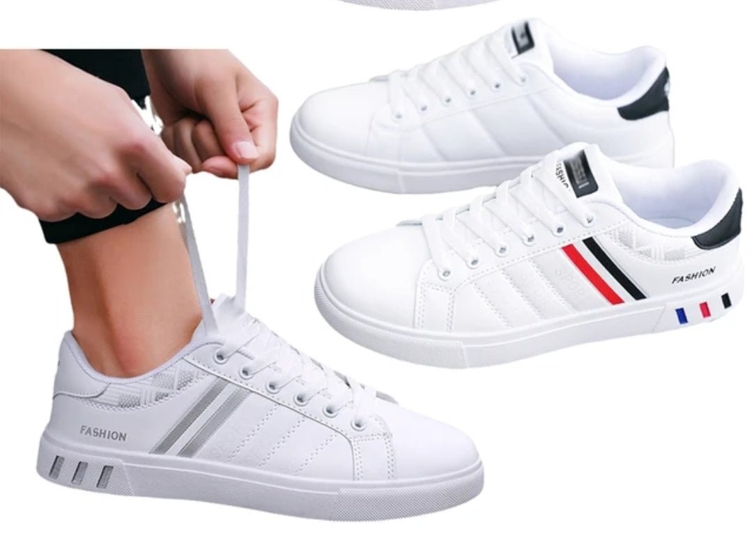 KRE Prime Men Sports Casual Breathable Leather White Flat Sneakers Shoes - KRE Prime