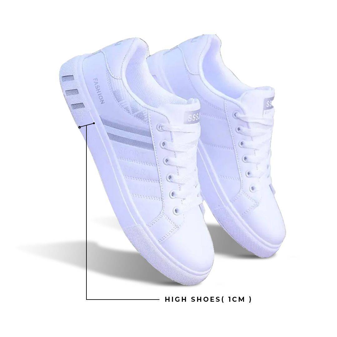 KRE PRIME men's white leather casual sneakers with breathable design and flat sole, suitable for sports and everyday wear.
