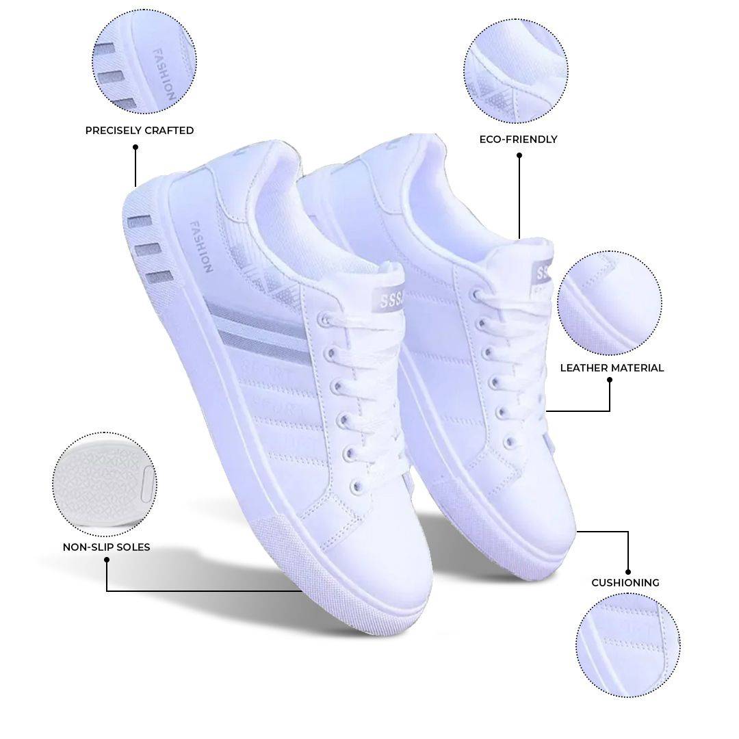 KRE PRIME men's white leather sports casual sneakers with breathable design and flat sole, ideal for everyday wear.