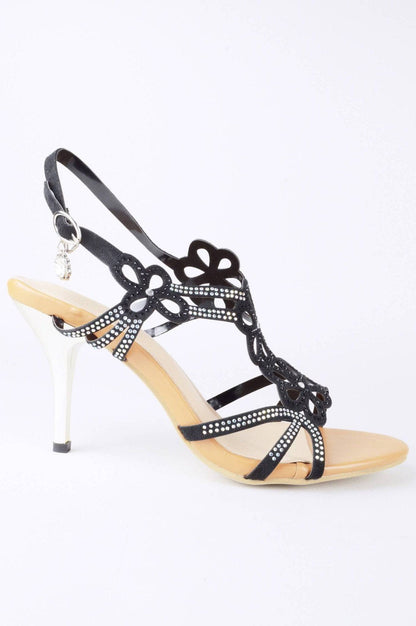 KRE PRIME women's black kitten heel sandal with floral laser cut-out design, stylish and elegant women’s heels shoe.