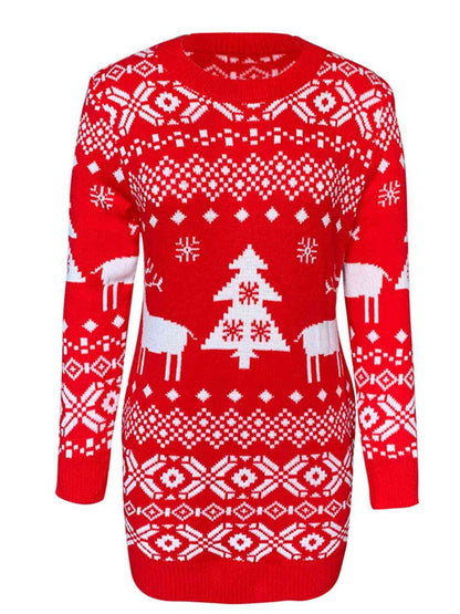 KRE PRIME women's Christmas element round neck mini sweater dress, cozy knit design, festive holiday style for women.