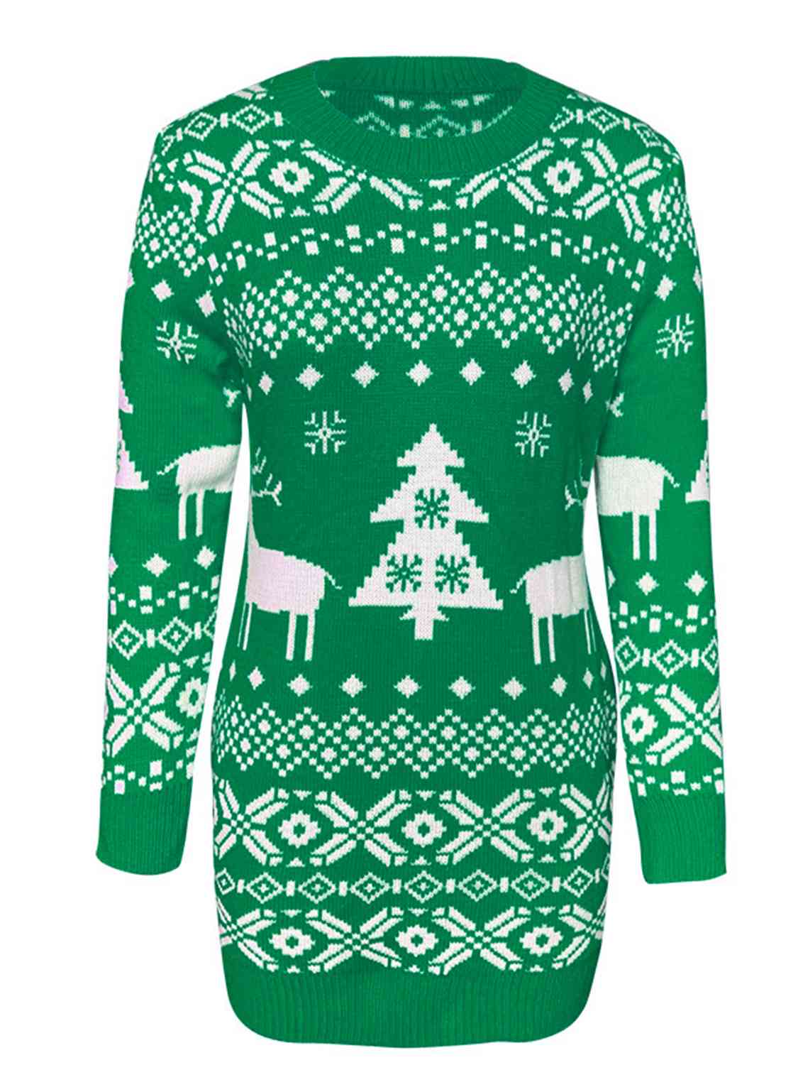 KRE PRIME women’s Christmas-themed round neck mini sweater dress with festive holiday print and cozy knit fabric.
