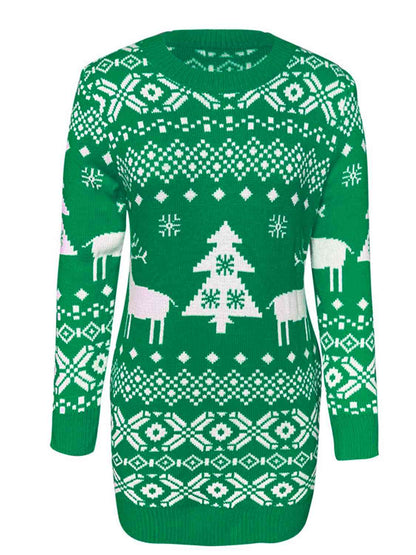 KRE PRIME women’s Christmas-themed round neck mini sweater dress with festive holiday print and cozy knit fabric.