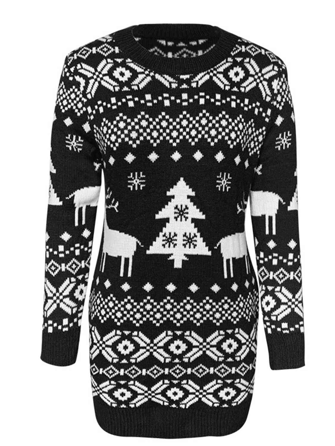 KRE PRIME women’s Christmas element round neck mini sweater dress with festive holiday pattern and cozy fit.