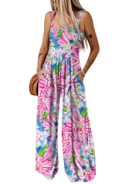 KRE PRIME women's floral jumpsuit with smocked square neckline, pockets, and lightweight fabric, perfect for casual wear.