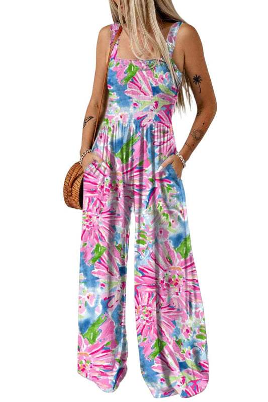KRE PRIME women's floral jumpsuit with smocked square neckline, pockets, and lightweight fabric, perfect for casual wear.
