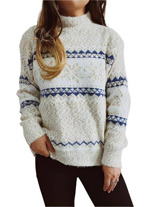 KRE Prime Women Geometric Mock Neck Dropped Shoulder Sweater - KRE Prime