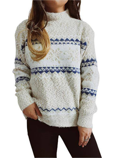 KRE Prime Women Geometric Mock Neck Dropped Shoulder Sweater - KRE Prime