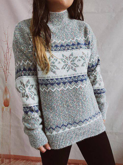 KRE Prime Women Geometric Mock Neck Dropped Shoulder Sweater - KRE Prime