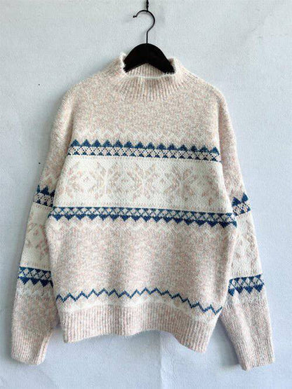KRE Prime Women Geometric Mock Neck Dropped Shoulder Sweater - KRE Prime