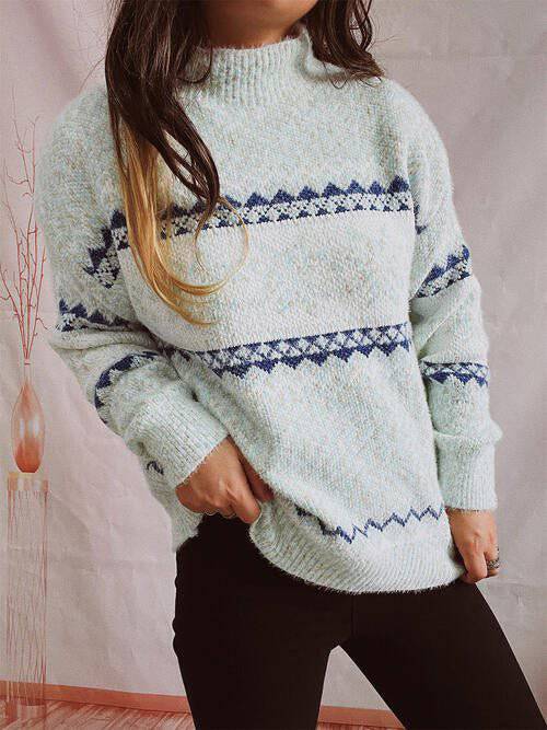 KRE Prime Women Geometric Mock Neck Dropped Shoulder Sweater - KRE Prime